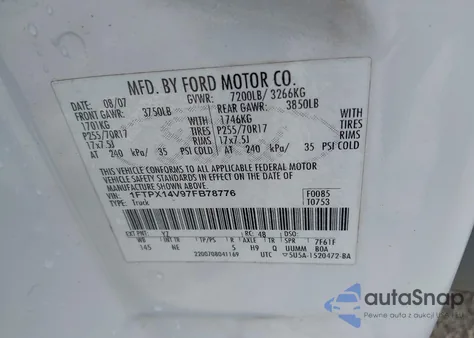 2007 Ford F-150 Fx4/Lariat/Xl/Xlt z USA, uszkodzony, nr VIN 1FTPX14V97FB78776